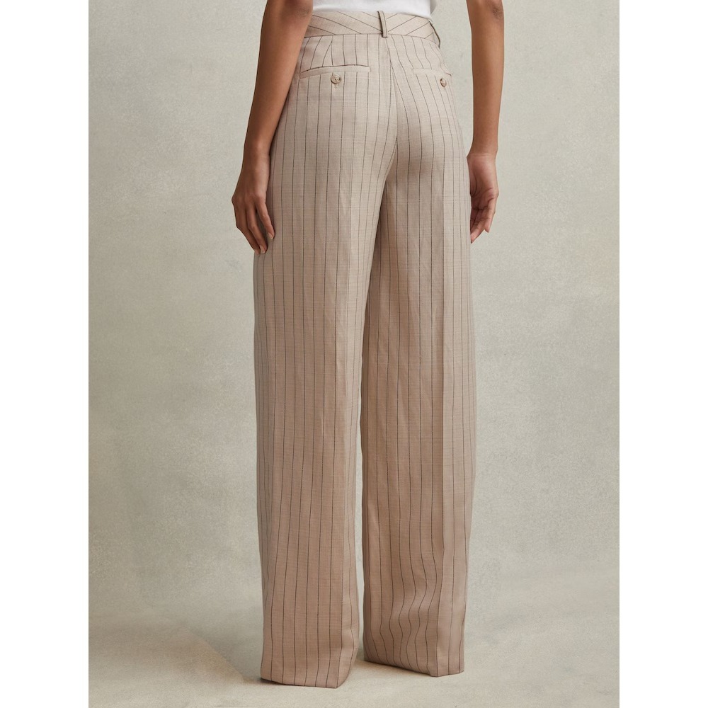 REISS Wool Linen Blend Striped Wide Leg Trouser Pants in Neutral Size 14 - Picture 2 of 11